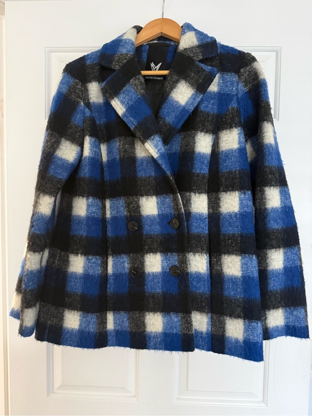 Vince Camuto Blue Plaid Double-Breasted Wool Blend Coat